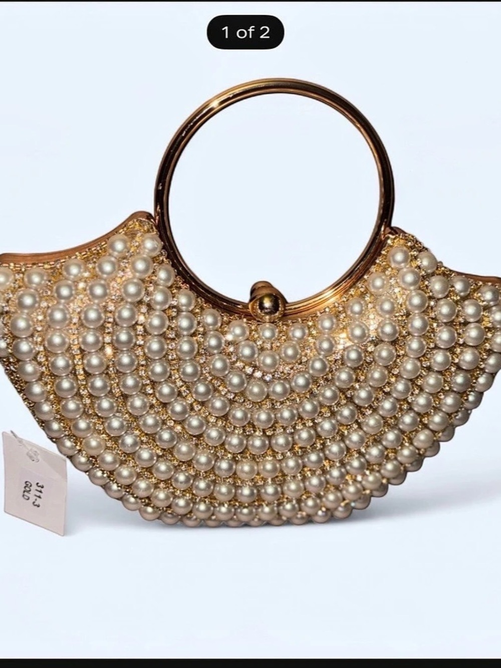 Pearl Beaded Handle Bag in Gold & White NWT